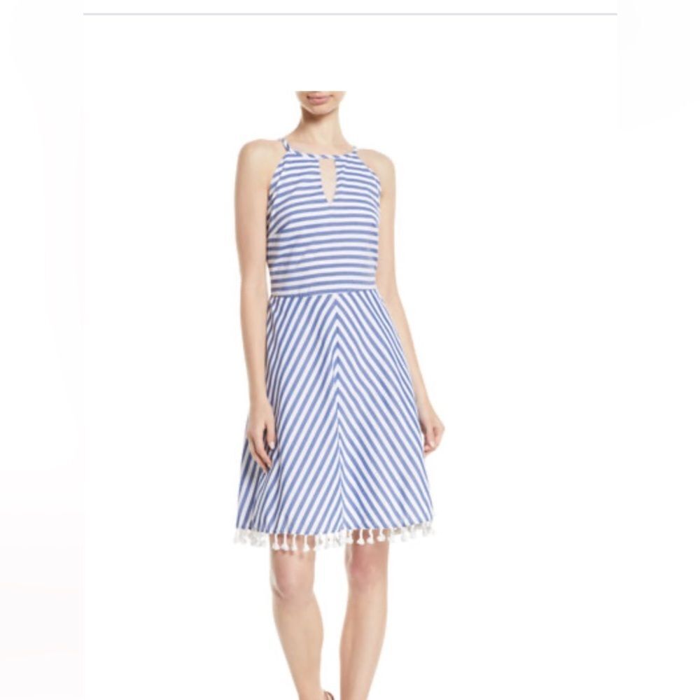LETARTE High-Neck Striped Cotton Halter Dress w/ Tassel Hem
